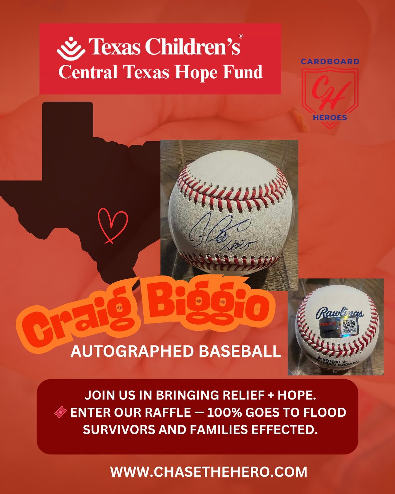 🚨 RAFFLE UPDATE! 🚨
We’ve added another awesome item to our Texas Strong Flood Relief Raffle — an autographed baseball signed by Craig Biggio, certified by Tristar! ⚾🖊️
All proceeds go to the Texas Children’s Central Texas Hope F