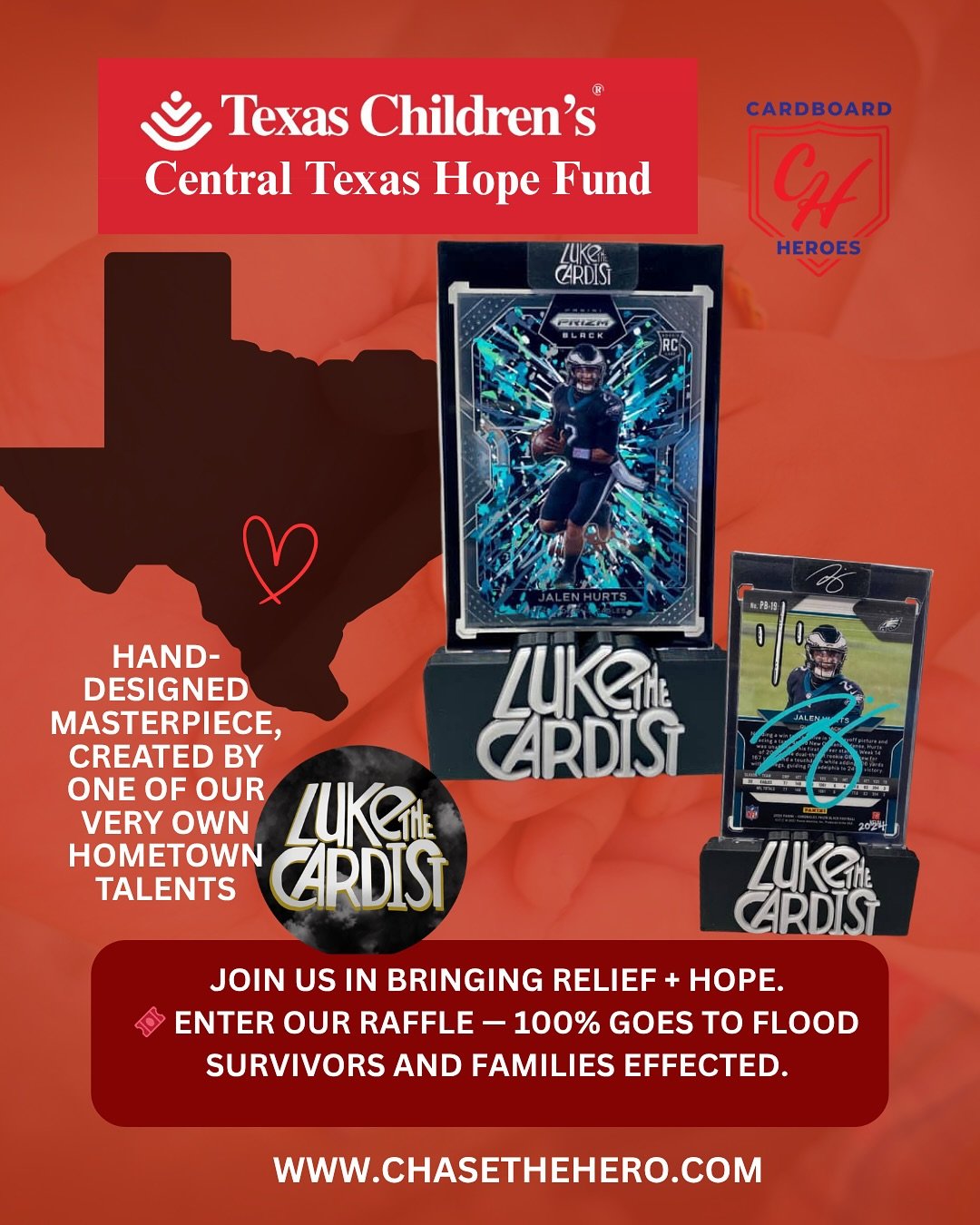 🚨 More amazing items are rolling in for our Texas Strong Flood Relief Raffle! 🚨
We’re beyond excited to feature a one-of-a-kind Jalen Hurts card—a hand-designed masterpiece by our very own hometown talent, @lukethecardist . 🎨🔥
Bold,