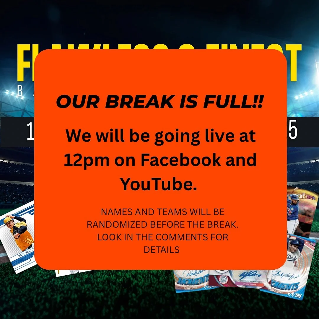 ⚾🔥 Our Flawless & Finest Baseball Mixer is officially FULL! 🔥⚾
We’ll be going LIVE today at 12PM on Facebook & YouTube 🎥📱
✅ Names & teams will be randomized — check the comments for updates!
✅ Boxes are ready to rip, and