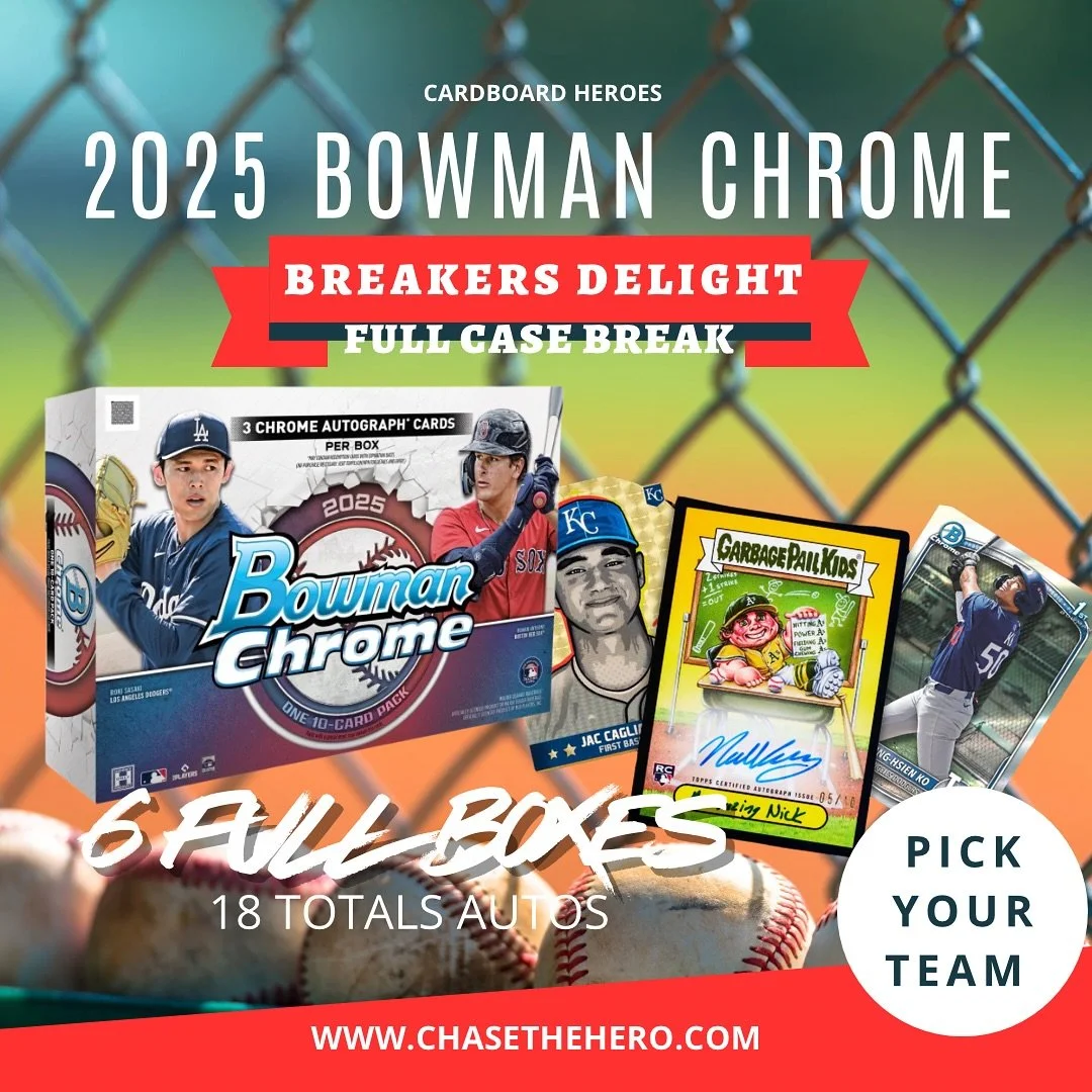 🚨 2025 BOWMAN CHROME BREAKERS DELIGHT FULL CASE 🚨
We&rsquo;re running it back, and you already know these spots fly! 🔥

A brand new full case PICK YOUR TEAM is now LIVE on the site. Don&rsquo;t sleep&mdash;teams are already loading up and once the