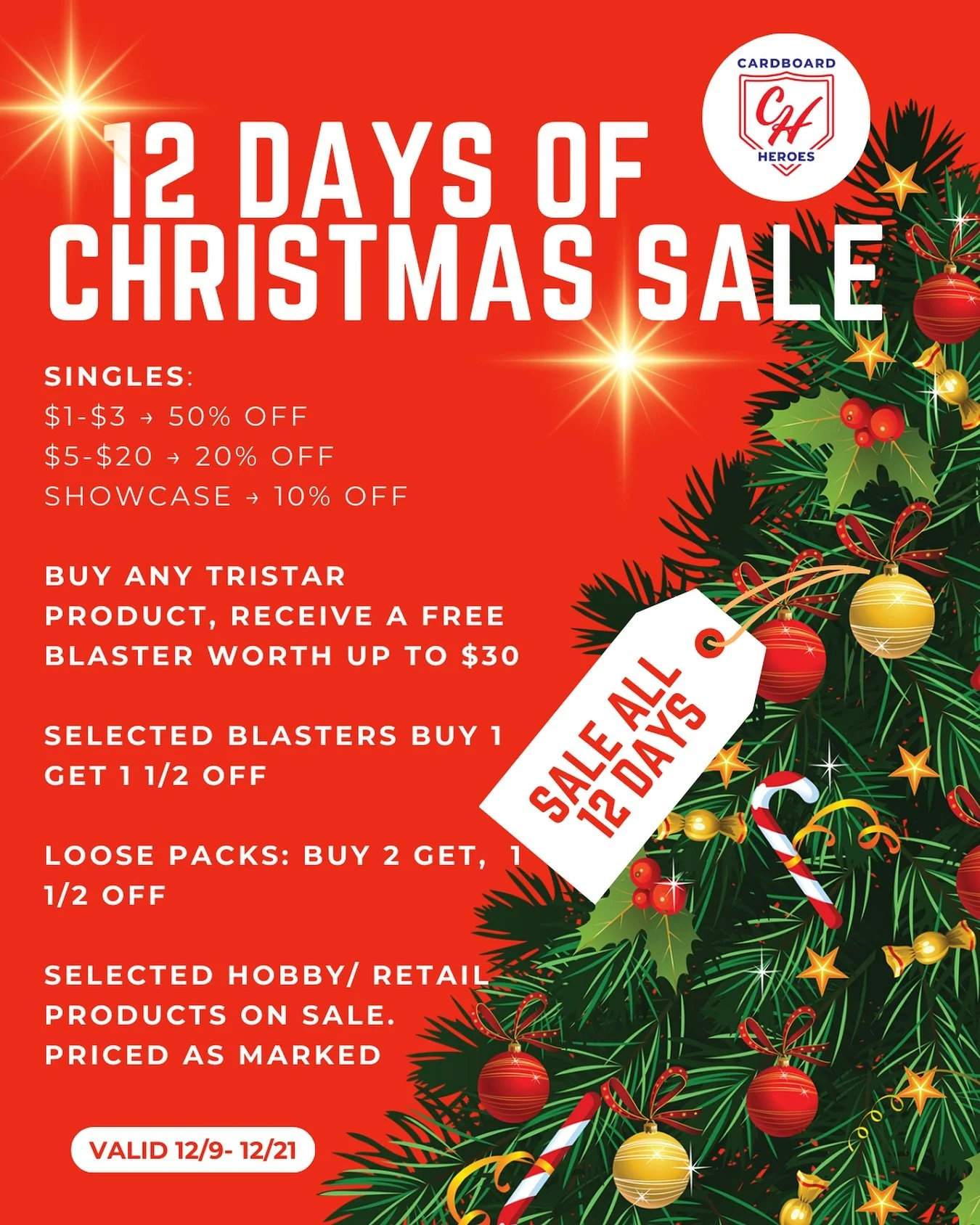 🎄 The 12 Days of Christmas kick off December 9th at Cardboard Heroes! 🎄
And yes&hellip; the deals are stacked this year. 👇✨

✨ Single cards up to 50% off
🎁 Buy ANY Tristar product, get a FREE blaster (worth up to $30!)
🟦 Selected blasters: Buy 1