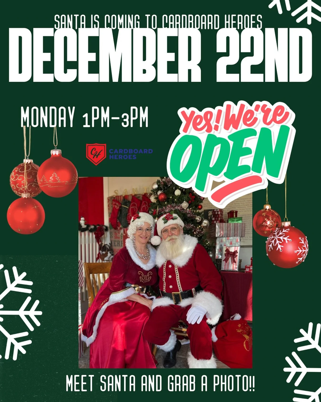 🎅 Santa Claus is coming to Cardboard Heroes! 🎄

📅 Save the date &mdash; Monday, December 22nd: 1pm-3pm
We&rsquo;ll be OPEN and ready to kick off holiday break the right way!

✨ FREE photos with Santa
🎁 Perfect for last-minute Christmas shopping
?
