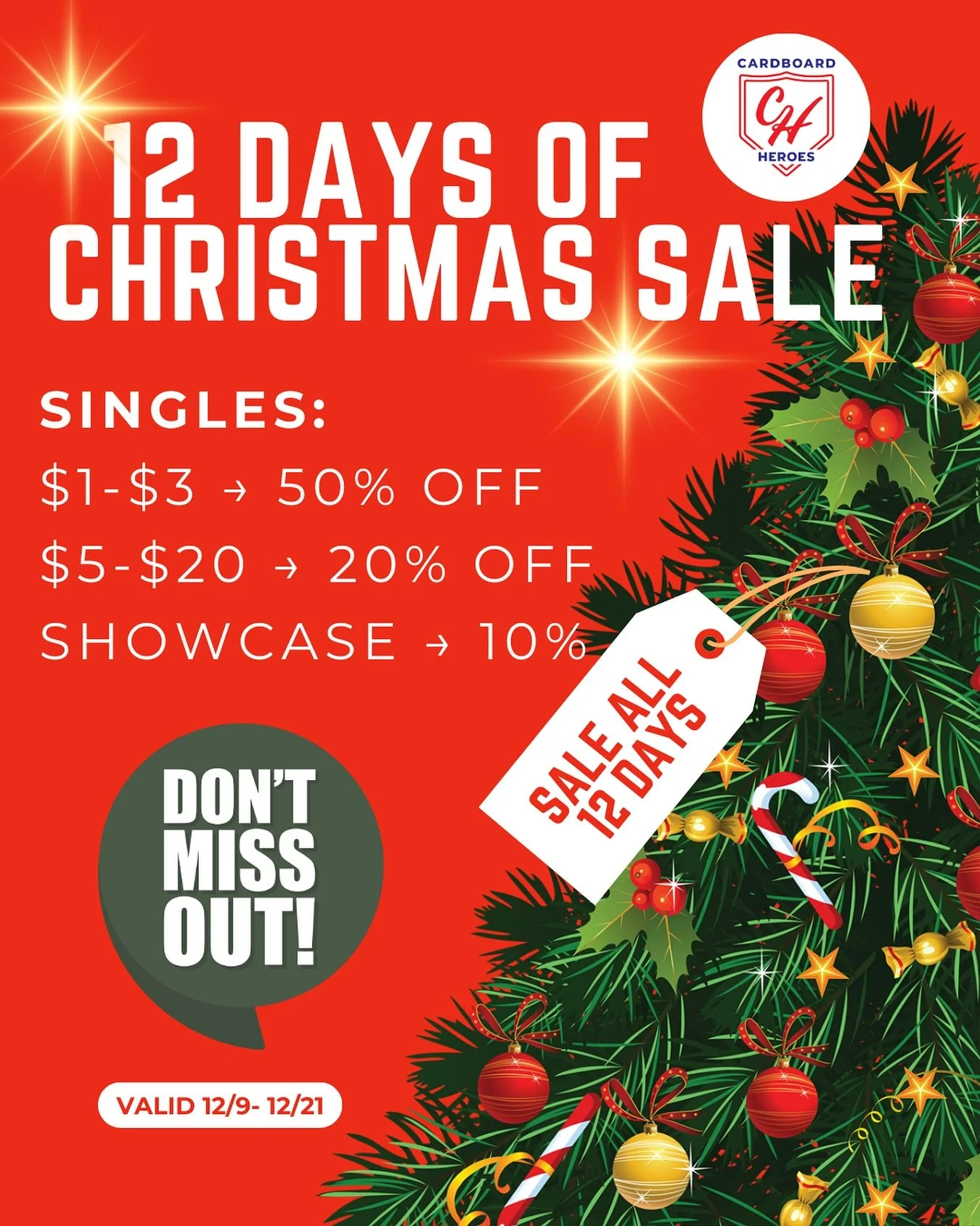 🎄✨ The countdown to Christmas just got WAY better.

Our 12 Days of Christmas Sale is LIVE at Cardboard Heroes!
🔥 Singles starting at 50% OFF
🔥 Mid-range steals at 20% OFF
🔥 Showcase cards discounted too

This is the perfect time to fill gaps, upg
