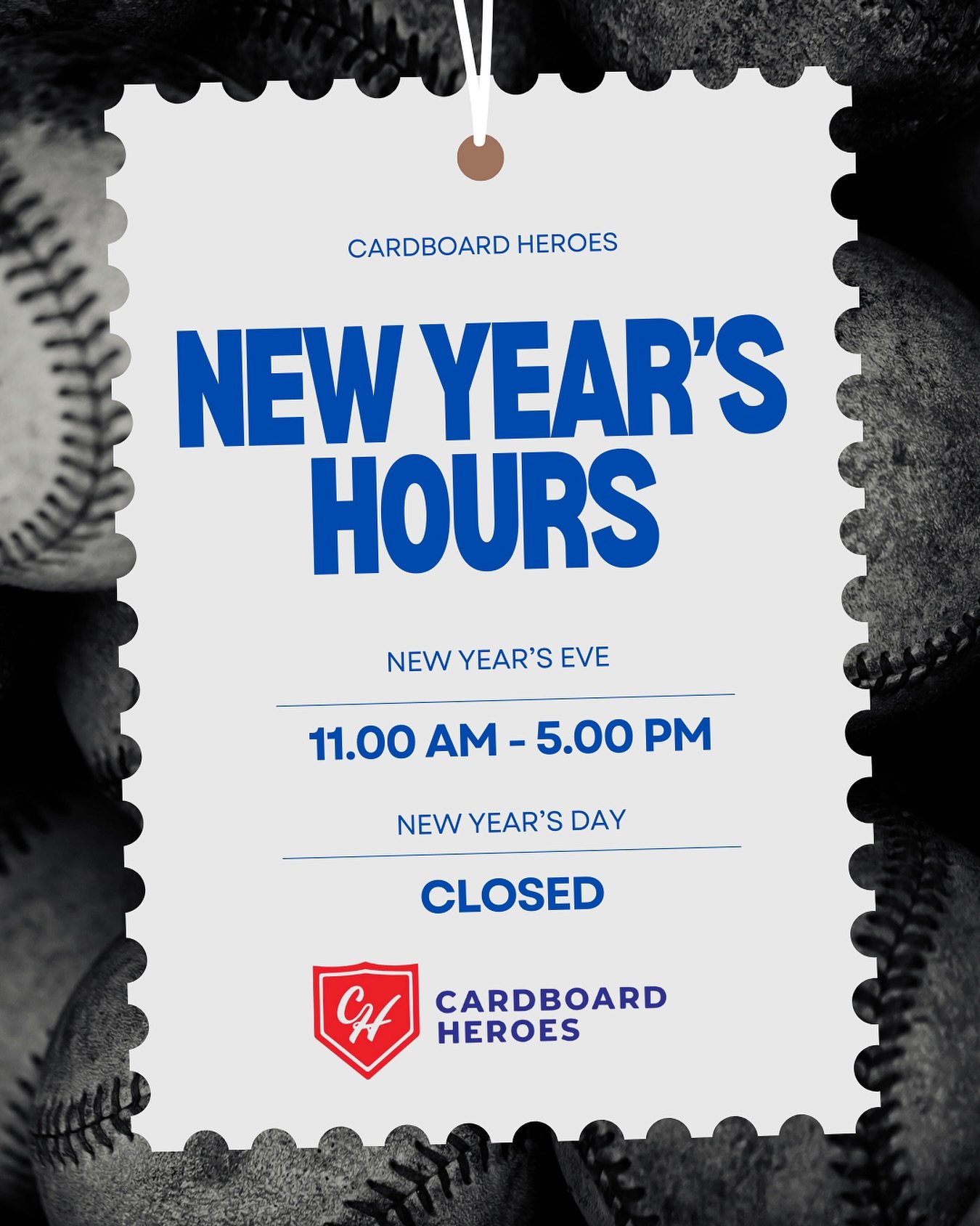 🎉 New Year&rsquo;s Hours Update 🎉

Cardboard Heroes will be open New Year&rsquo;s Eve from 11AM&ndash;5PM.
We will be closed on New Year&rsquo;s Day as we spend time with family and friends ❤️

Normal business hours resume Friday.

✨ Don&rsquo;t fo