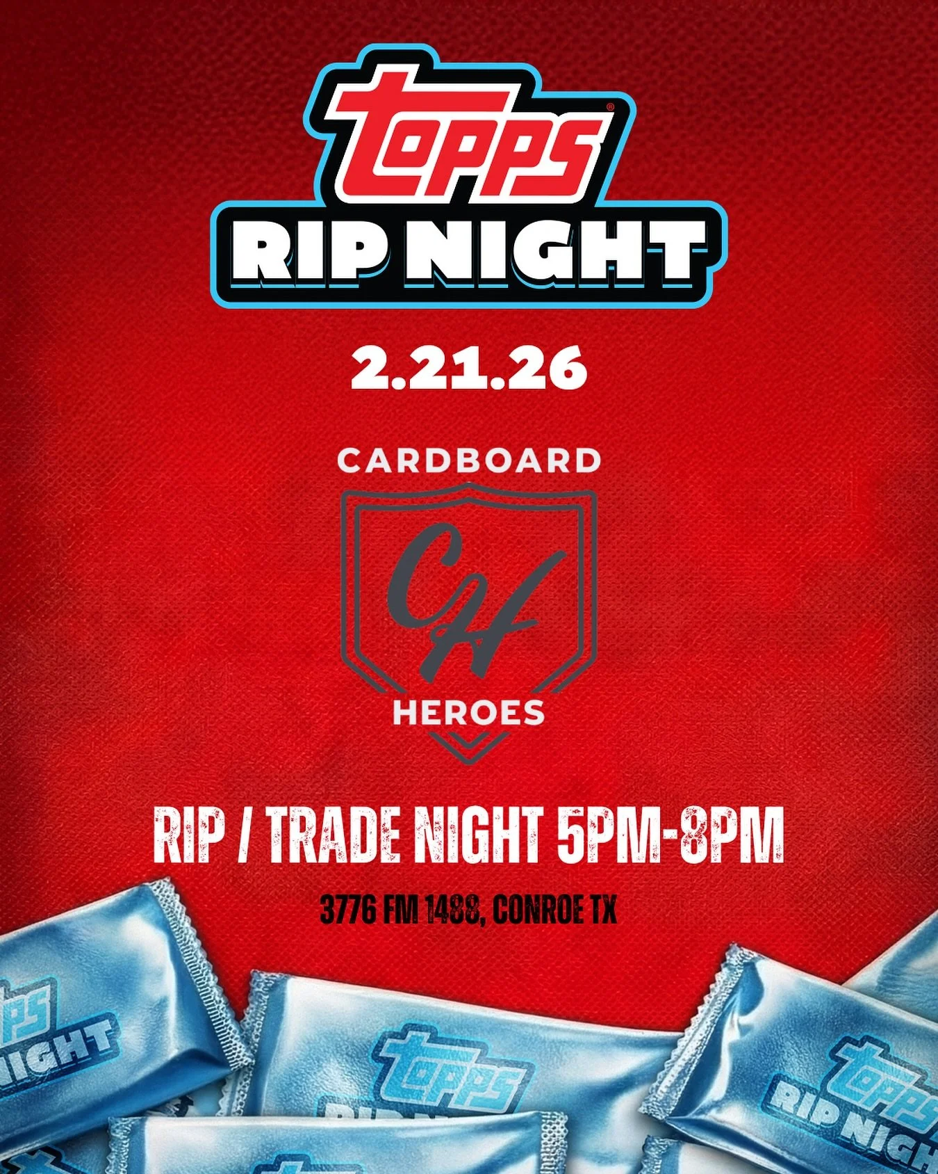 ‼️SAVE THE DATE‼️

🔥@topps RIP Night🔥
📍Cardboard Heroes 
Saturday, February 21st 5pm - 8pm

Mark your calendars and get ready to RIP and Trade.
More details coming soon... 

#SaveTheDate #ToppsRipNight #Topps