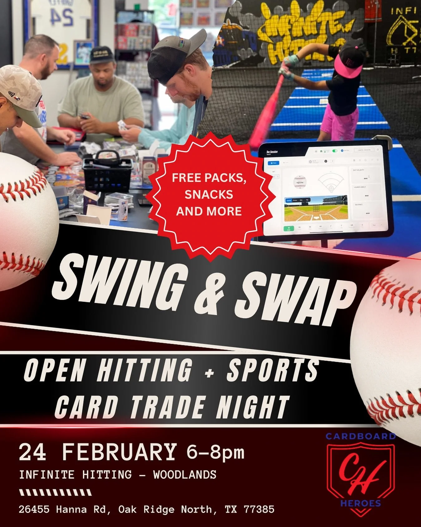 If you don&rsquo;t have plans this Tuesday, February 24th&hellip; we&rsquo;ve got you covered 👏

Join us at @infinitehittingwoodlands for a fun night of swings, swaps, and sports cards!

🔥 Swing &amp; Swap + Open Hitting Night
🕕 6&ndash;8 PM

Here