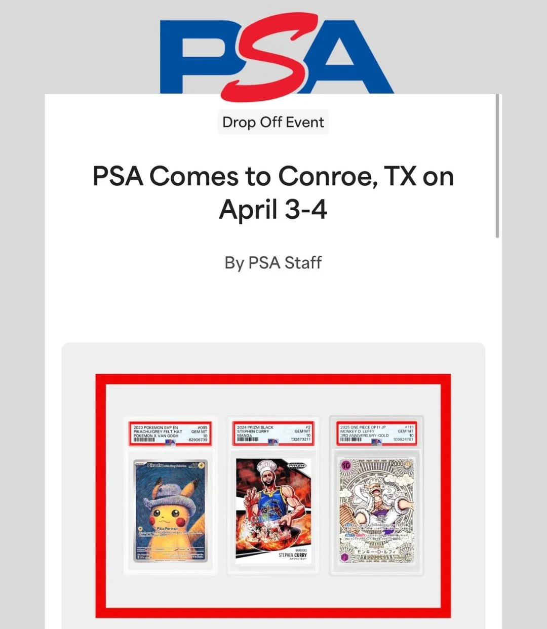 🚨 PSA IS BACK AT CARDBOARD HEROES! 🚨

Join us April 3rd &amp; 4th for our @psacard Drop-Off Event right here in the shop!

Bring in your items and submit them for professional grading and services through PSA.

🗓 Event Dates &amp; Times:
Friday, A