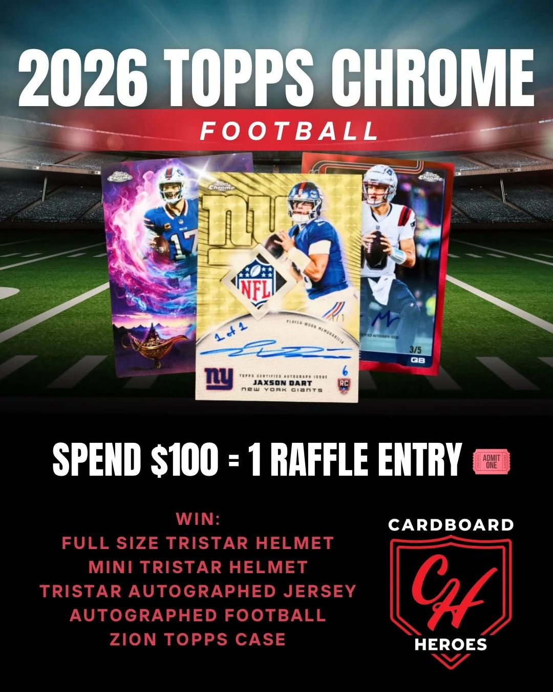 🚨 2026 @topps Chrome Football is HERE! 🚨

To celebrate the release, we&rsquo;re giving you even MORE chances to win BIG! 🏆

For every $100 spent, you&rsquo;ll receive 1 raffle ticket 🎟️ for a shot at winning FIVE awesome products&hellip; and we m
