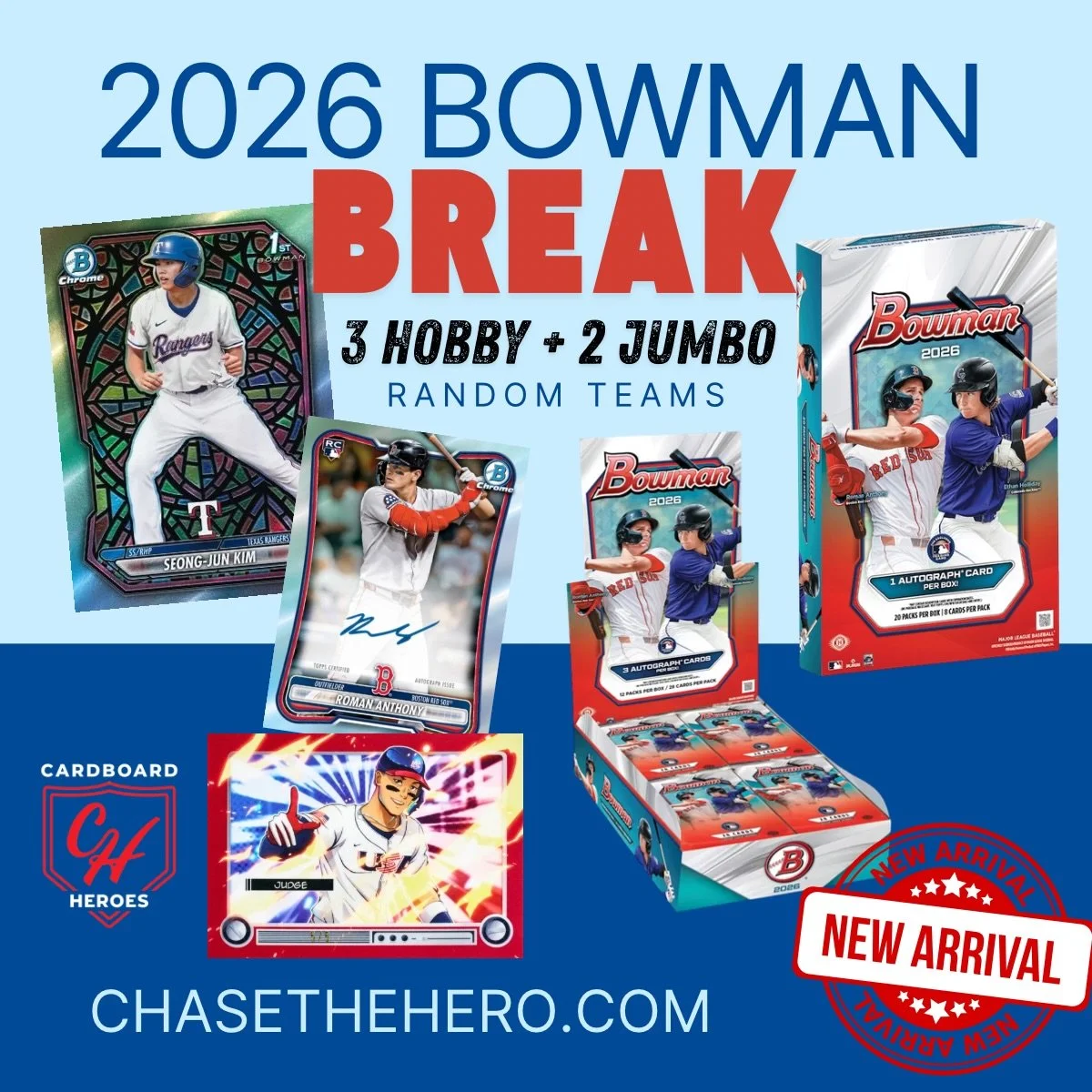 What better way to kick off 2026 Bowman than with a 🔥 MIXER BREAK 🔥

Join us this week as we fill and rip one of the biggest new releases of the year!

⚾ 3 Hobby Boxes
⚾ 2 Jumbo Boxes
⚾ Random Teams
⚾ Paper Spot Available

🎲 Teams and names will b