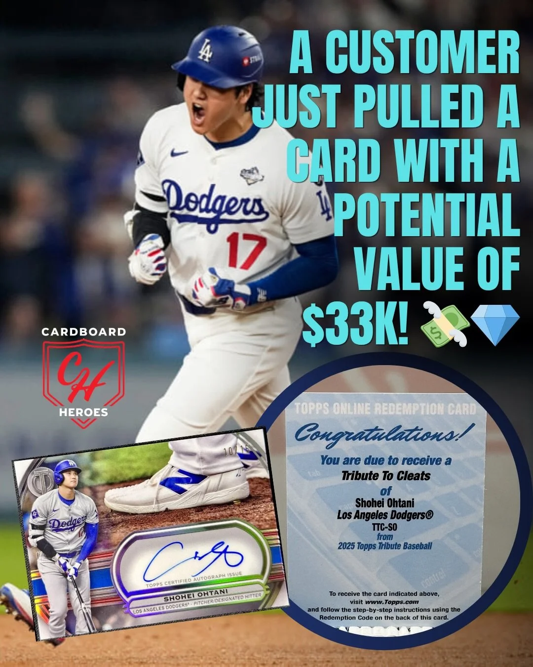 🚨 SHOHEI. OHTANI. CLEAT. AUTO. 🚨

Pulled out of Tribute right here in the shop&hellip; and this beast has a potential value of $33K 🤯🔥💰

This is the kind of hit collectors dream about.

Be honest&hellip;
You keeping this forever&hellip; or turni