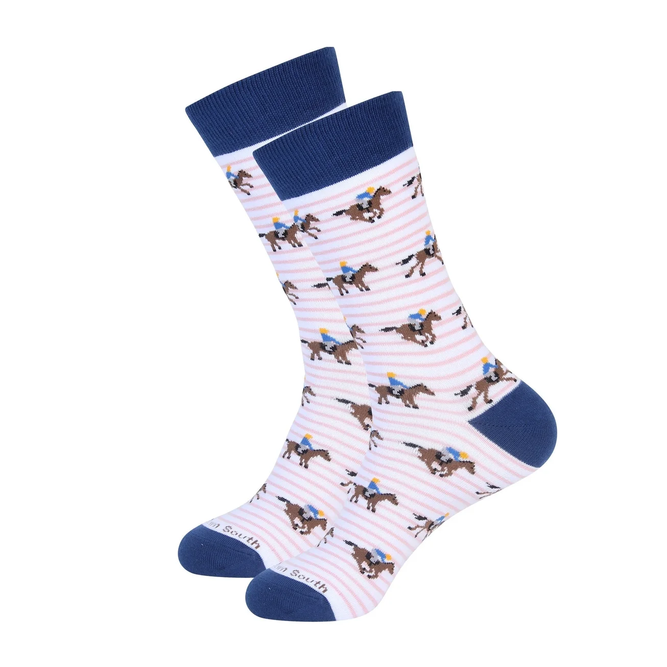 Pink and navy striped horse racing socks featuring jockeys riding racehorses