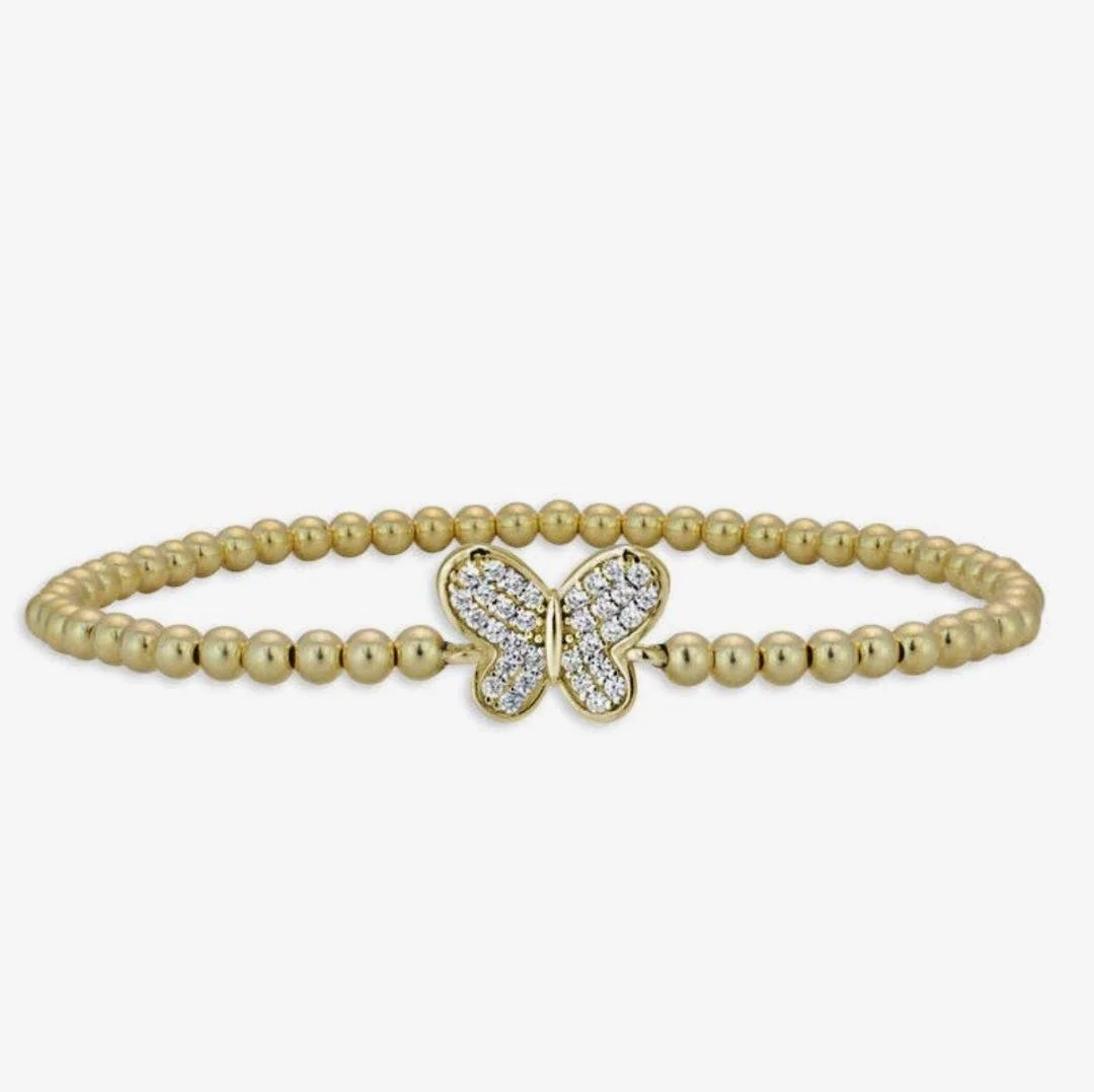 Gold butterfly beaded bracelet with crystal butterfly centerpiece