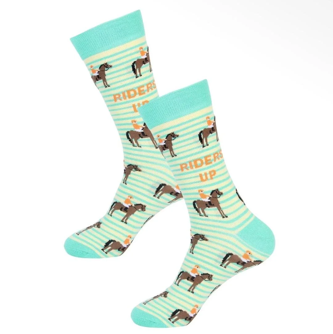 Riders Up horse racing socks displayed side by side, featuring jockeys and racehorses on a green striped design