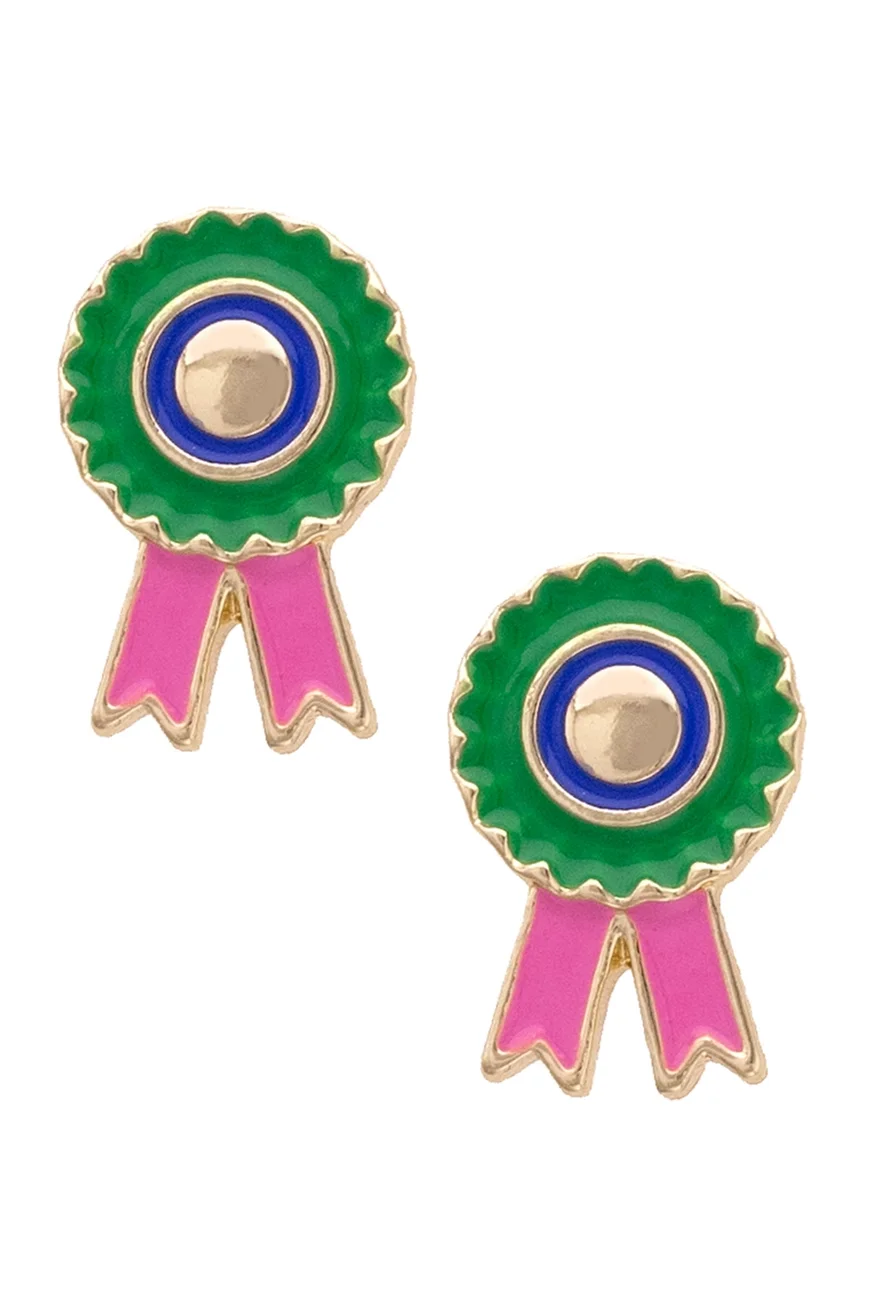 Green and pink prize winning ribbon enamel stud earrings