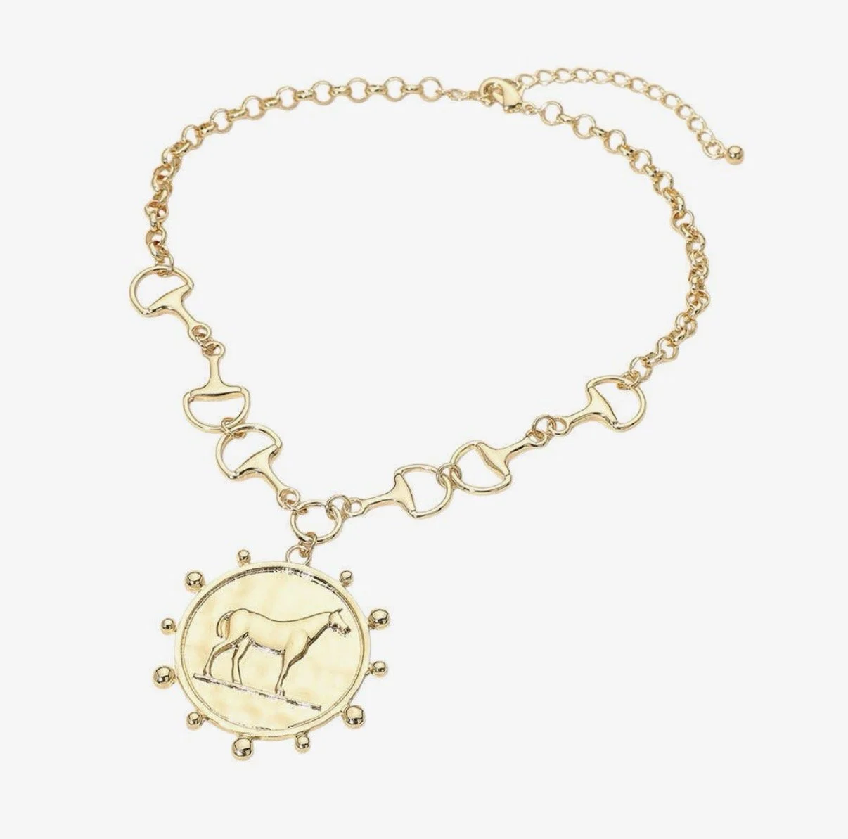 Gold-dipped horse medallion statement necklace with horse bit link design