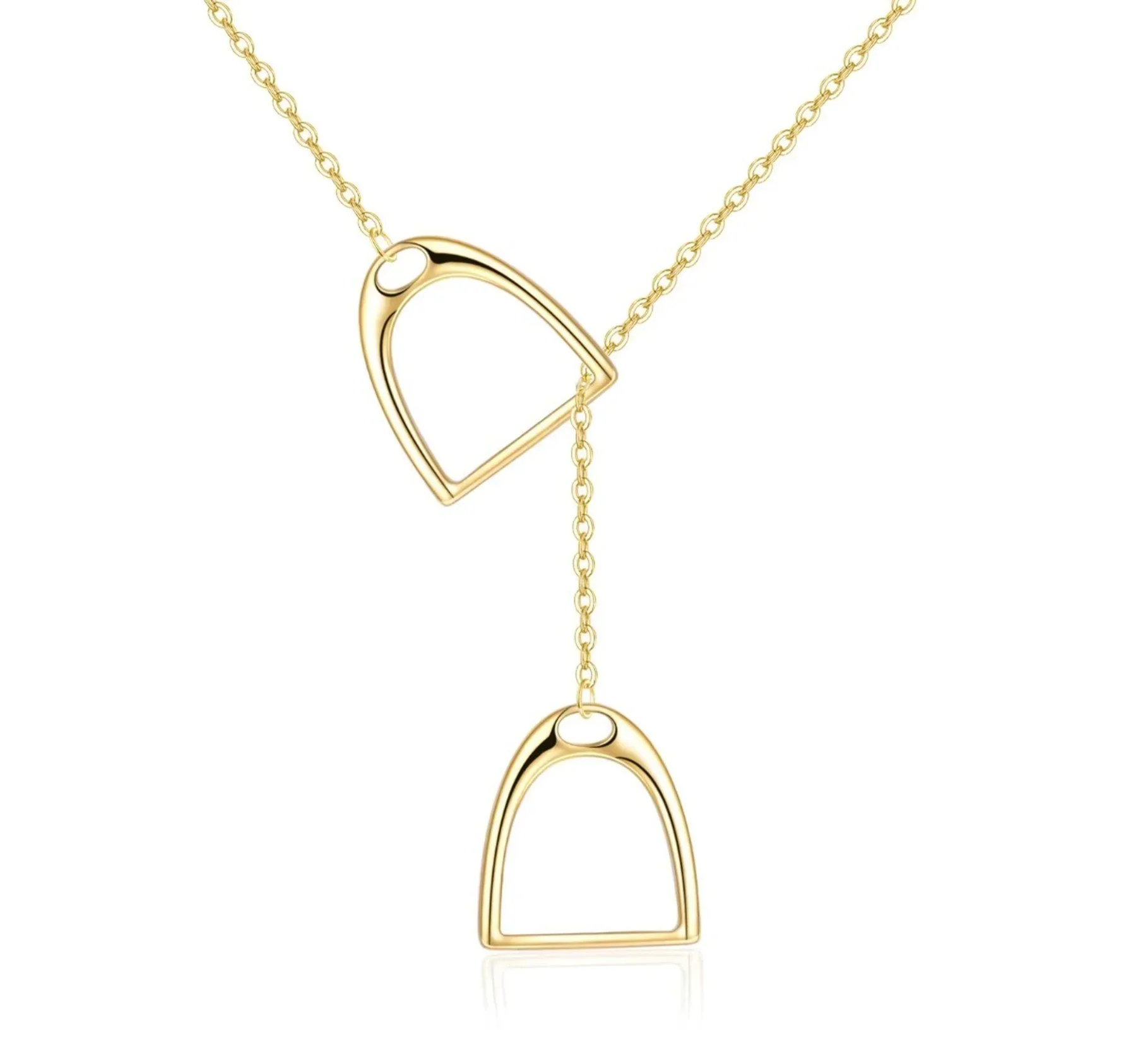 A gold chain necklace with two modern, open arch-shaped pendants hanging from it