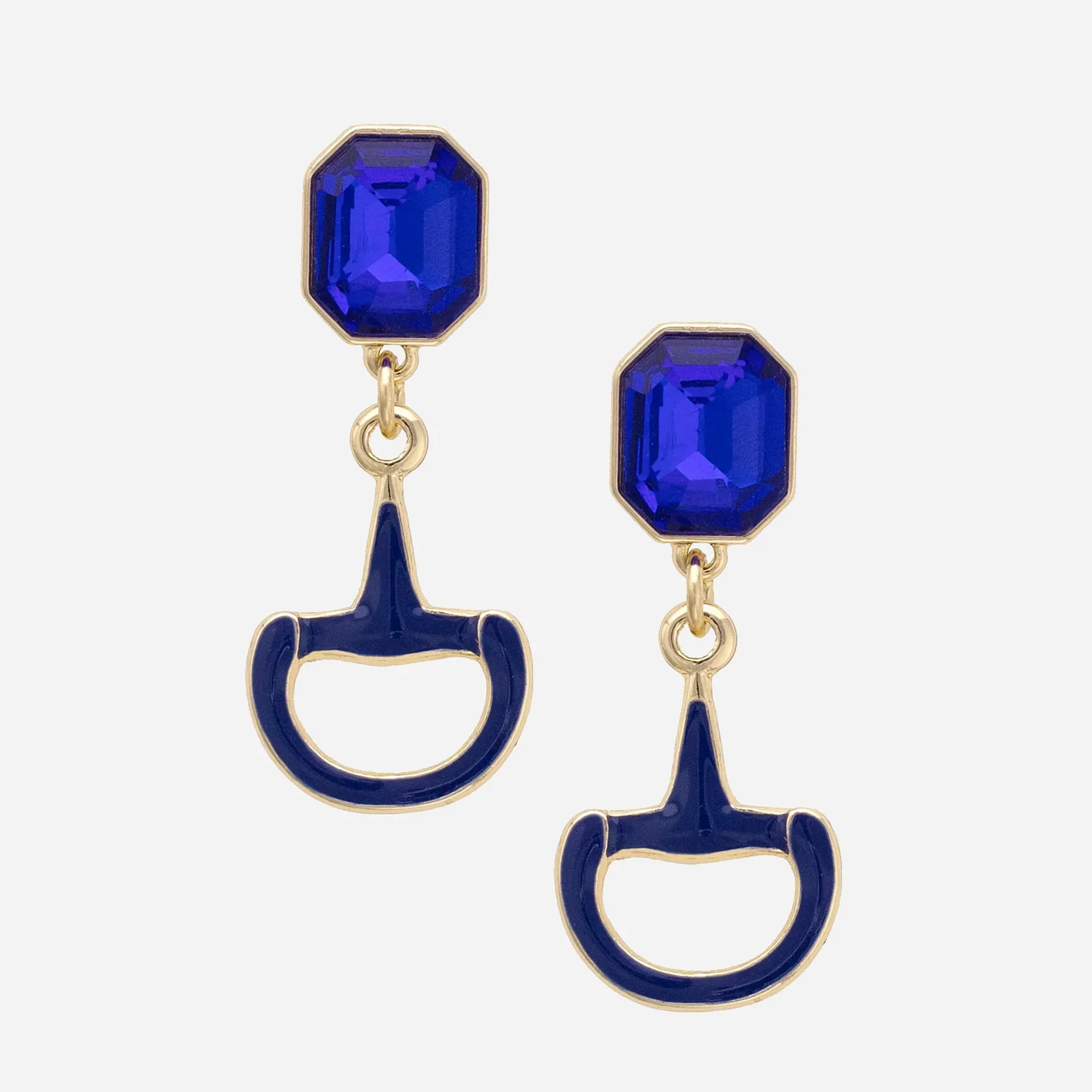 Navy horsebit earrings with faceted blue stone and gold-tone detailing