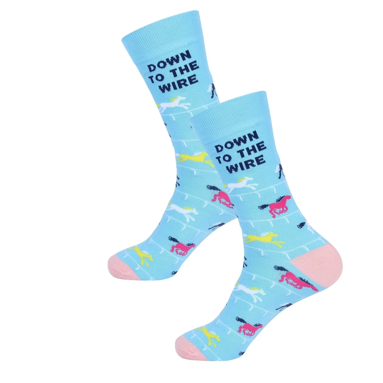 Pair of light blue Down to the Wire socks featuring colorful galloping racehorses