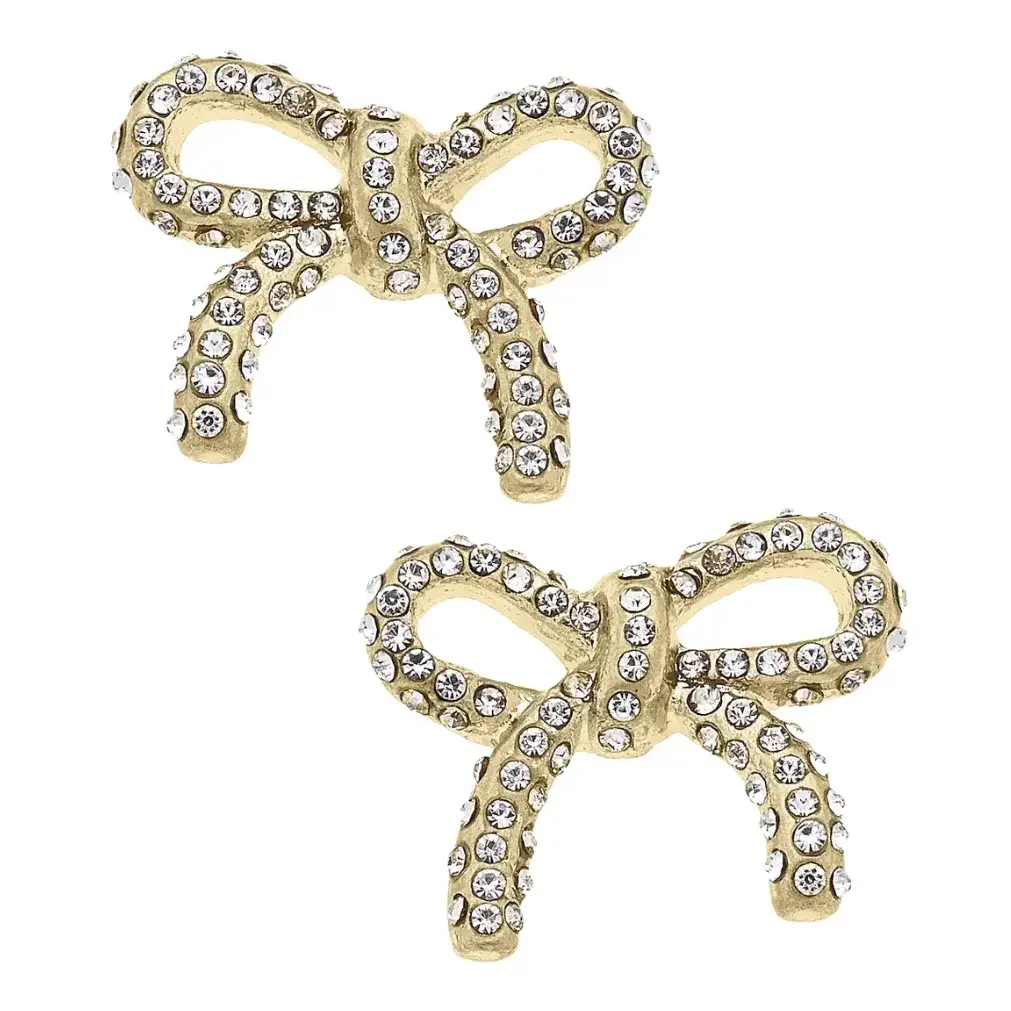 Gold pavé bow stud earrings with crystal accents
