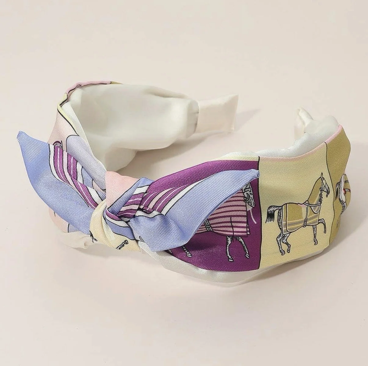 Lavender and pink equestrian knotted headband with horse print