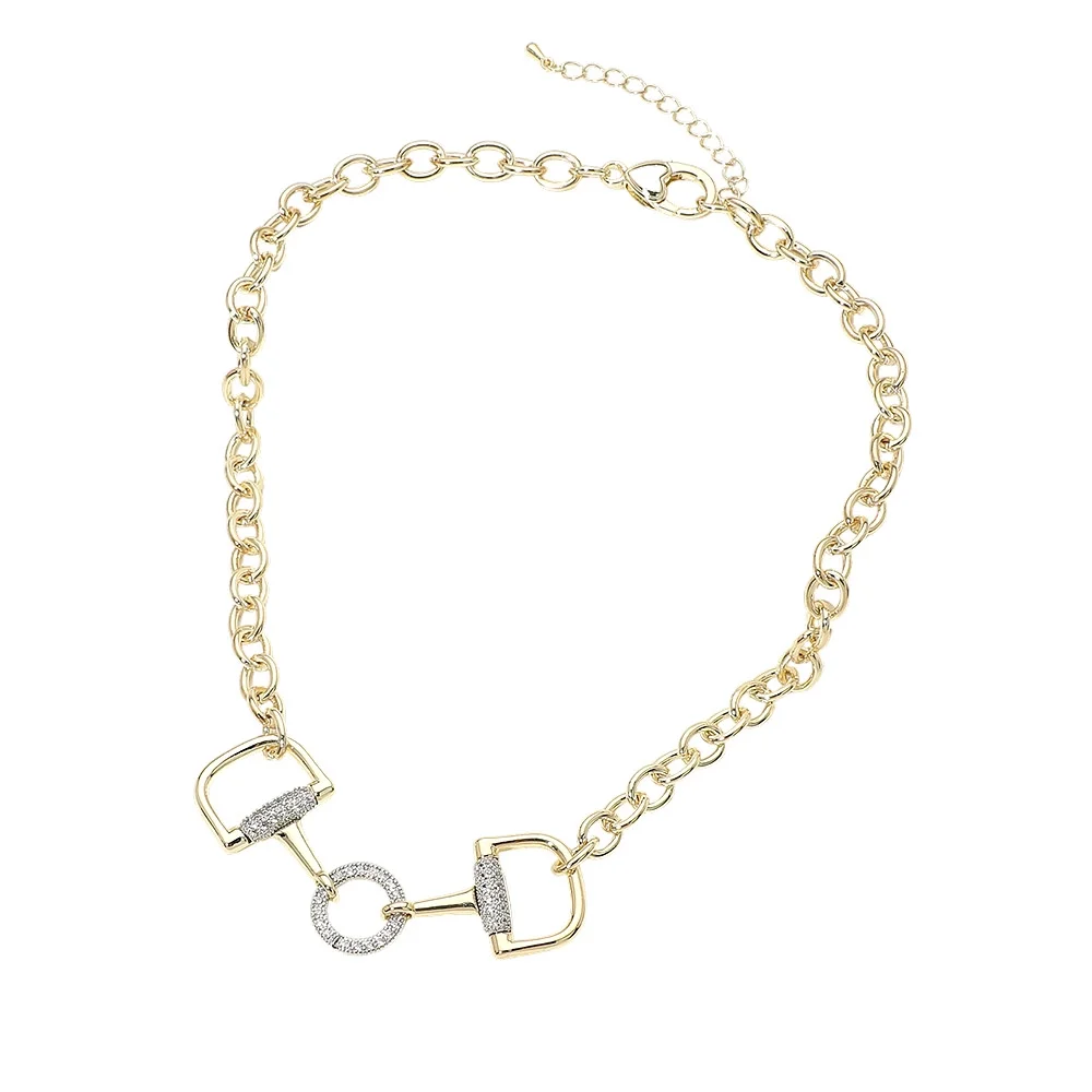Gold horsebit equestrian necklace with pavé CZ accents and link chain