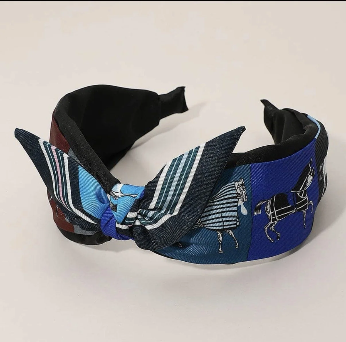 Navy and blue equestrian knotted headband with horse print