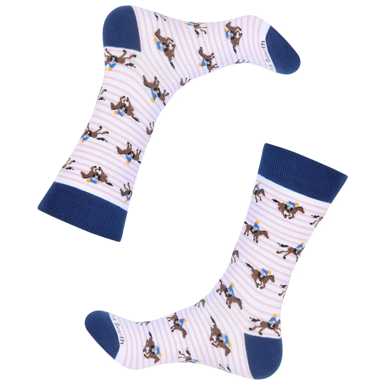Alternate view of pink and navy horse racing socks showing jockeys on racehorses