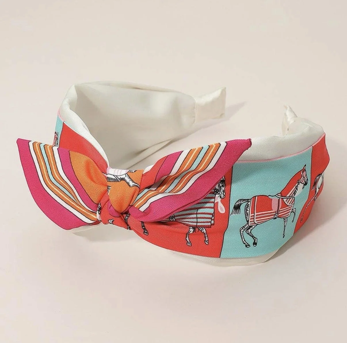 Coral and aqua equestrian knotted headband with horse print