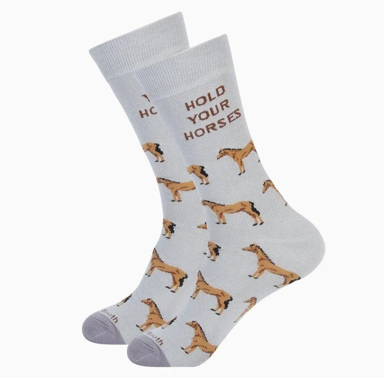 Hold Your Horses horse racing socks featuring a tan horse pattern on a light gray crew sock.