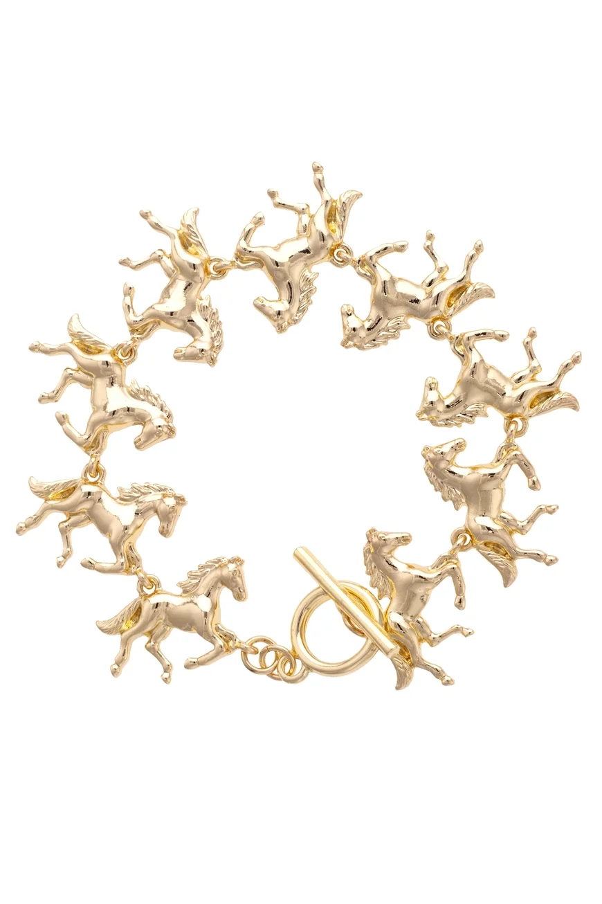 Gold stallion herd toggle bracelet featuring linked running horses