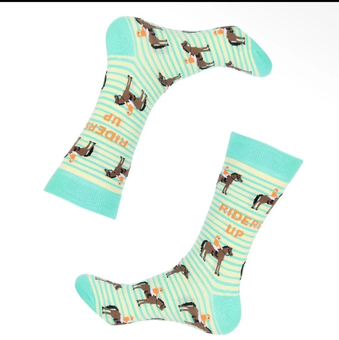 Riders Up horse racing socks featuring jockeys and racehorses on a green striped design