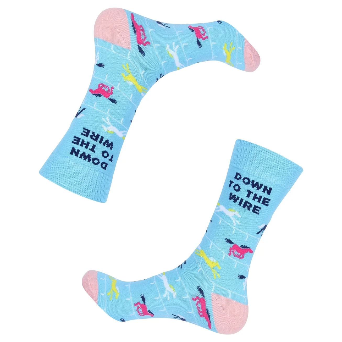 Alternate view of Down to the Wire horse racing socks showing colorful racehorse pattern