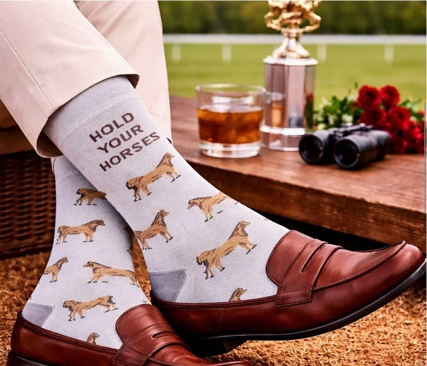 Hold Your Horses horse racing socks worn with brown loafers at the racetrack.