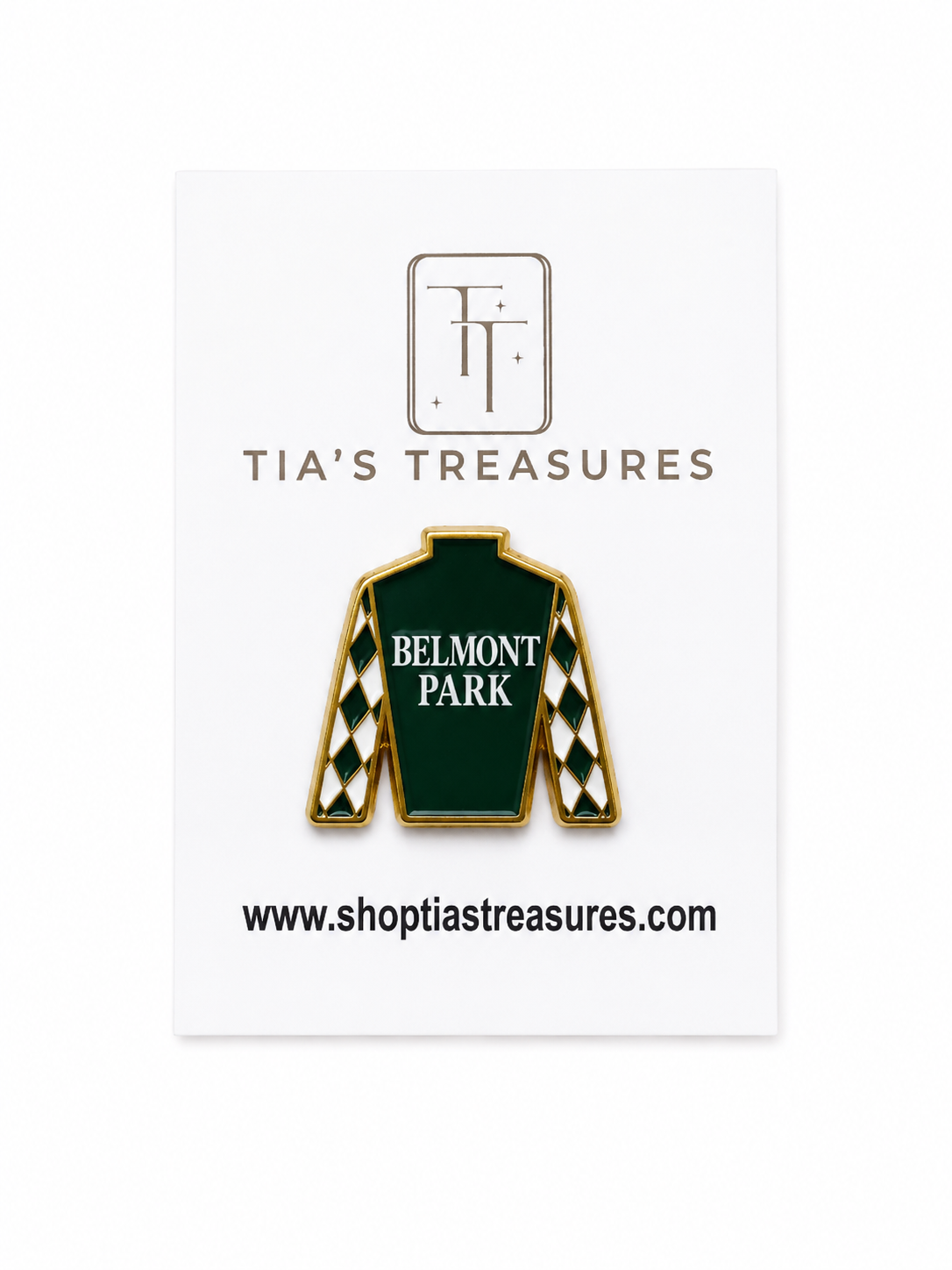 Belmont Park jockey silk enamel pin on Tia’s Treasures display card
