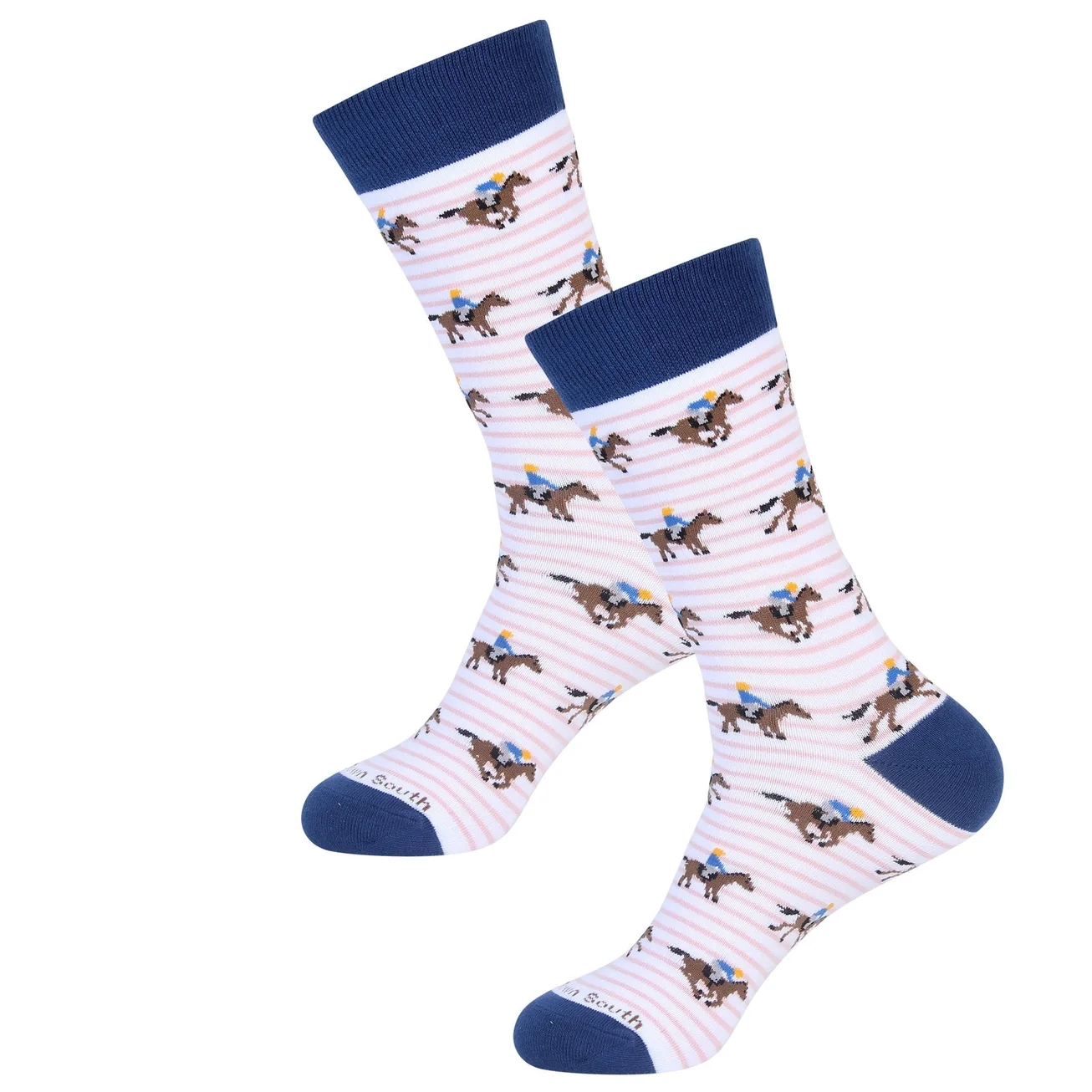 Pair of pink striped horse racing socks with navy trim and jockey racehorse design