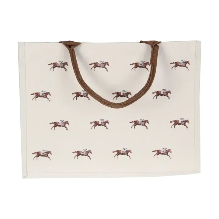 Running Horse Tote Bag with horse racing print and brown handles
