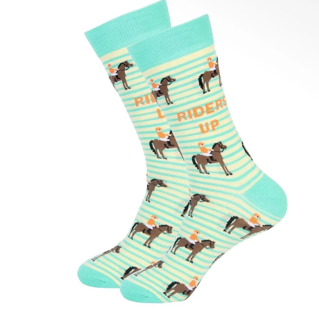Riders Up horse racing socks featuring jockeys and racehorses on a green striped design.