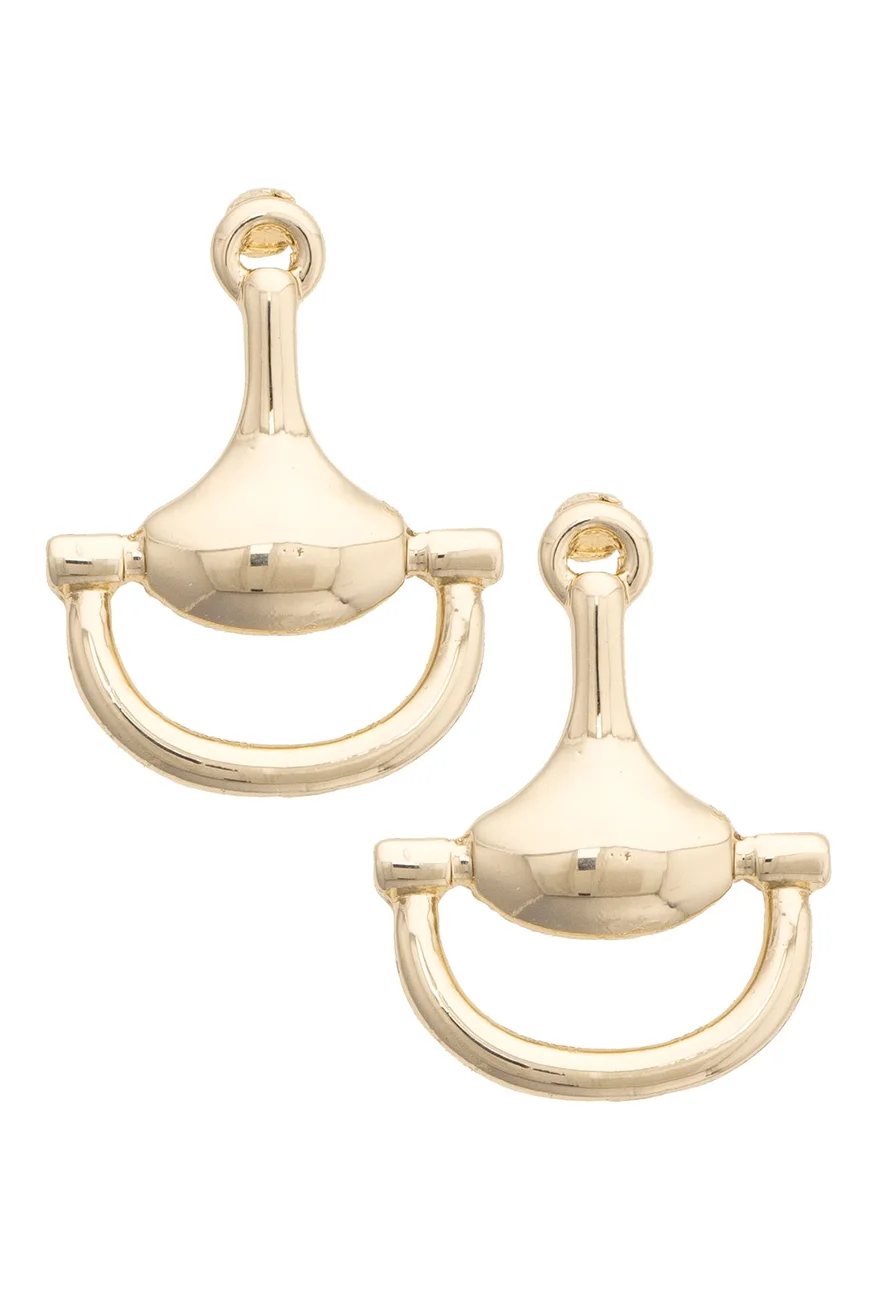 Gold snaffle bit earrings with polished equestrian design