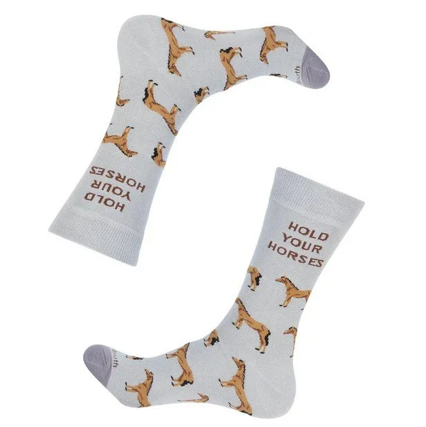 Hold Your Horses horse racing socks with tan horse pattern and light gray crew design.