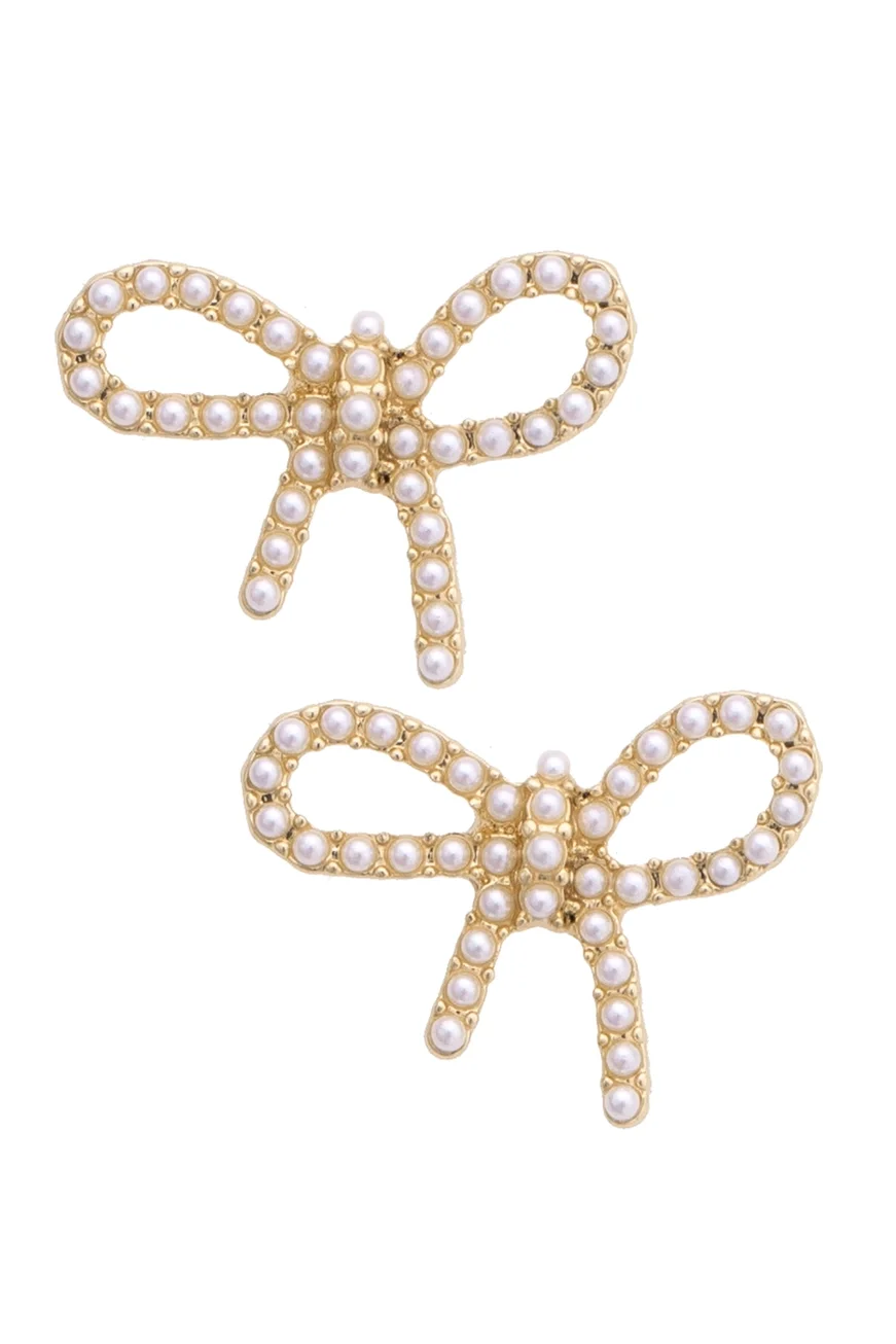 Ivory pearl bow stud earrings with gold-tone finish