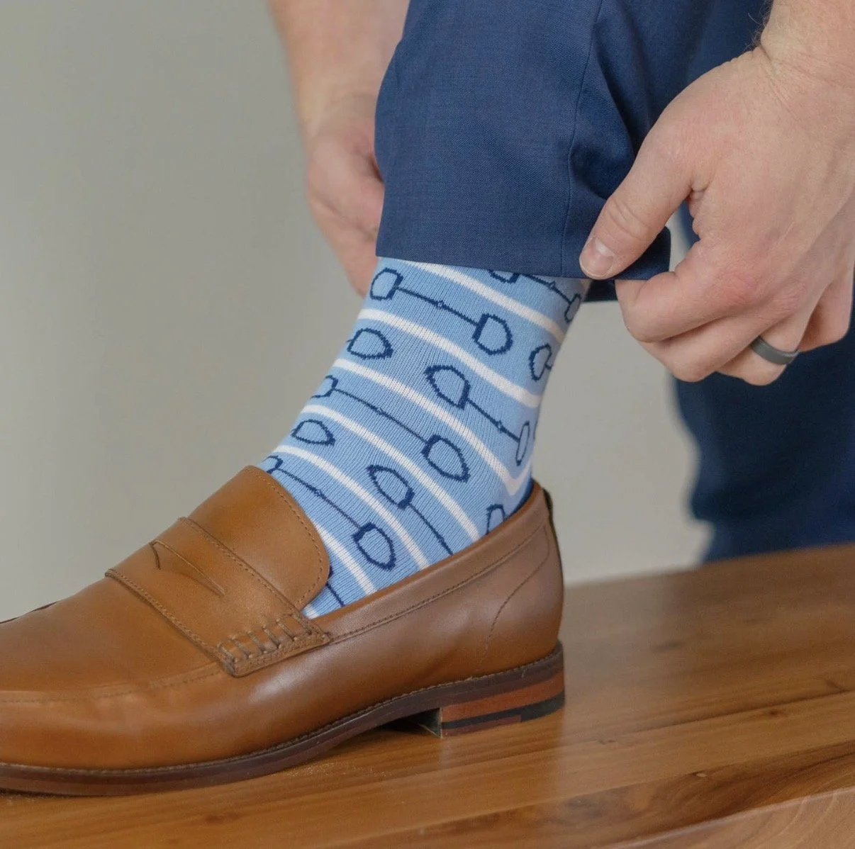 Blue Horse Bit Socks worn with brown loafers