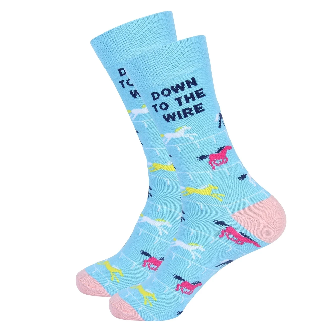 Light blue Down to the Wire horse racing socks with colorful racehorse design