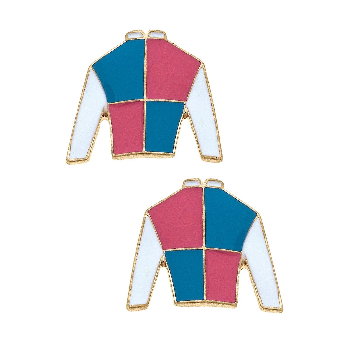 Fuchsia and blue jockey silk enamel stud earrings with gold-tone trim