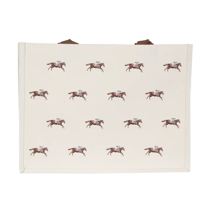 Running Horse Tote Bag featuring a horse racing pattern on a cream tote bag