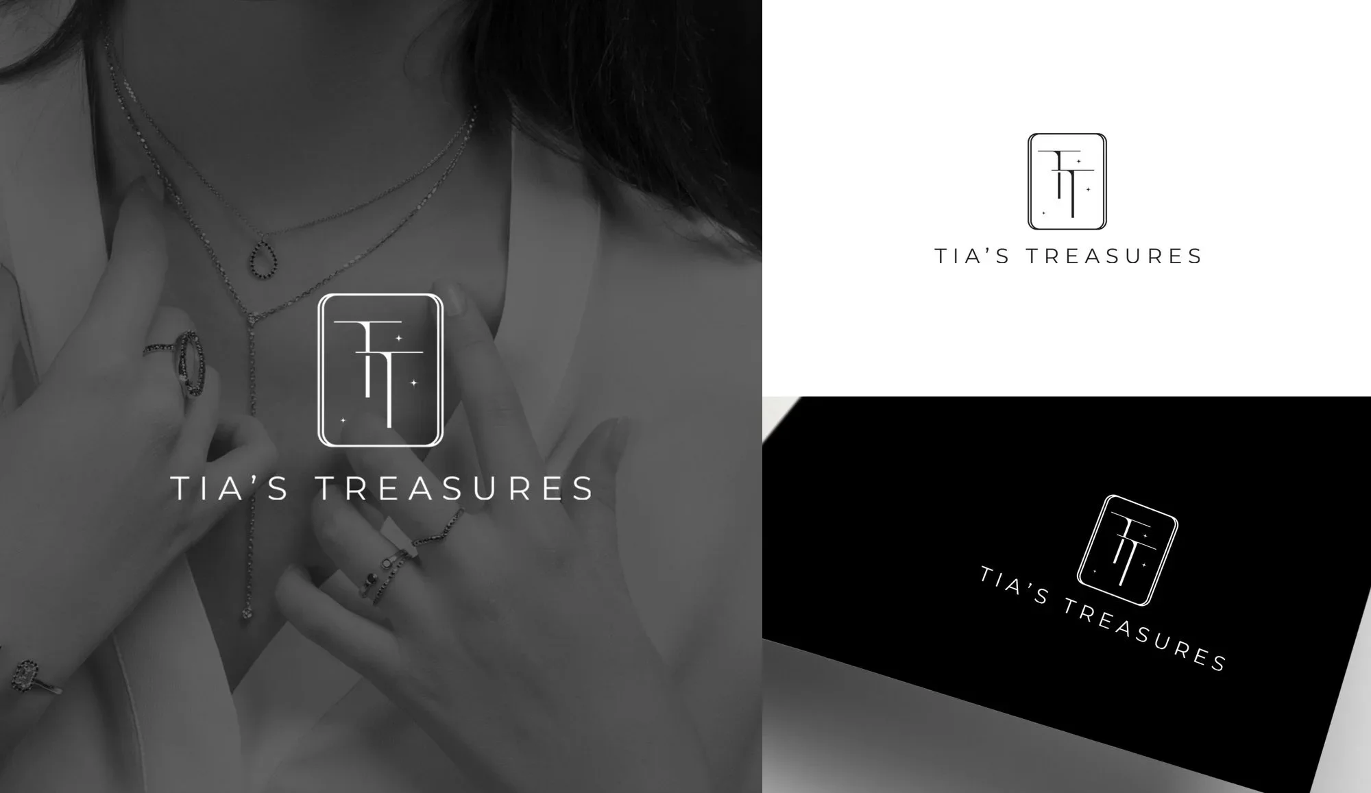 A woman wearing jewelry with a logo and branding for Tia's Treasures: a rectangular icon with initials 'T' and 'F' and the text 'TIA'S TREASURES' displayed in three different contexts.