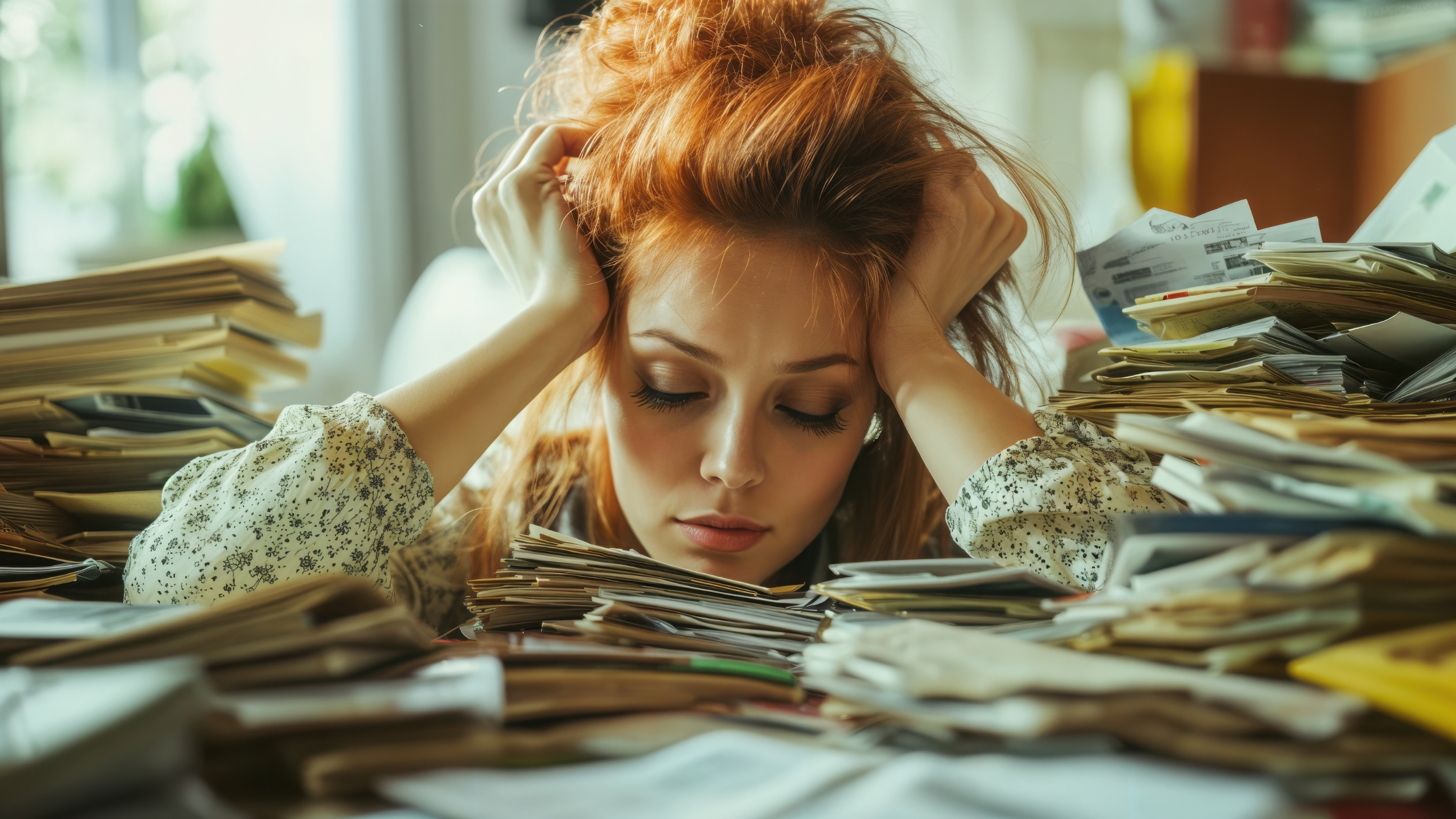 Woman with red hair sitting at a desk surrounded by stacks of paperwork, holding her head in stress while reviewing financial documents and bills at home.