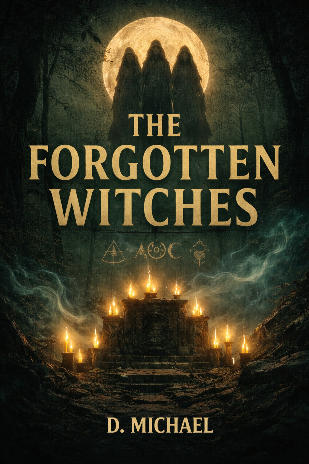 'The Forgotten Witches' by D. Michael.  Mystical forest with large glowing moon.  Silhouettes of three witches in cloaks stand in front of the moon. Mystical symbols. La Lorna. Mexico. Tulum. Cenotes. Underworld. Revenge. Redemption. Healing Magic.