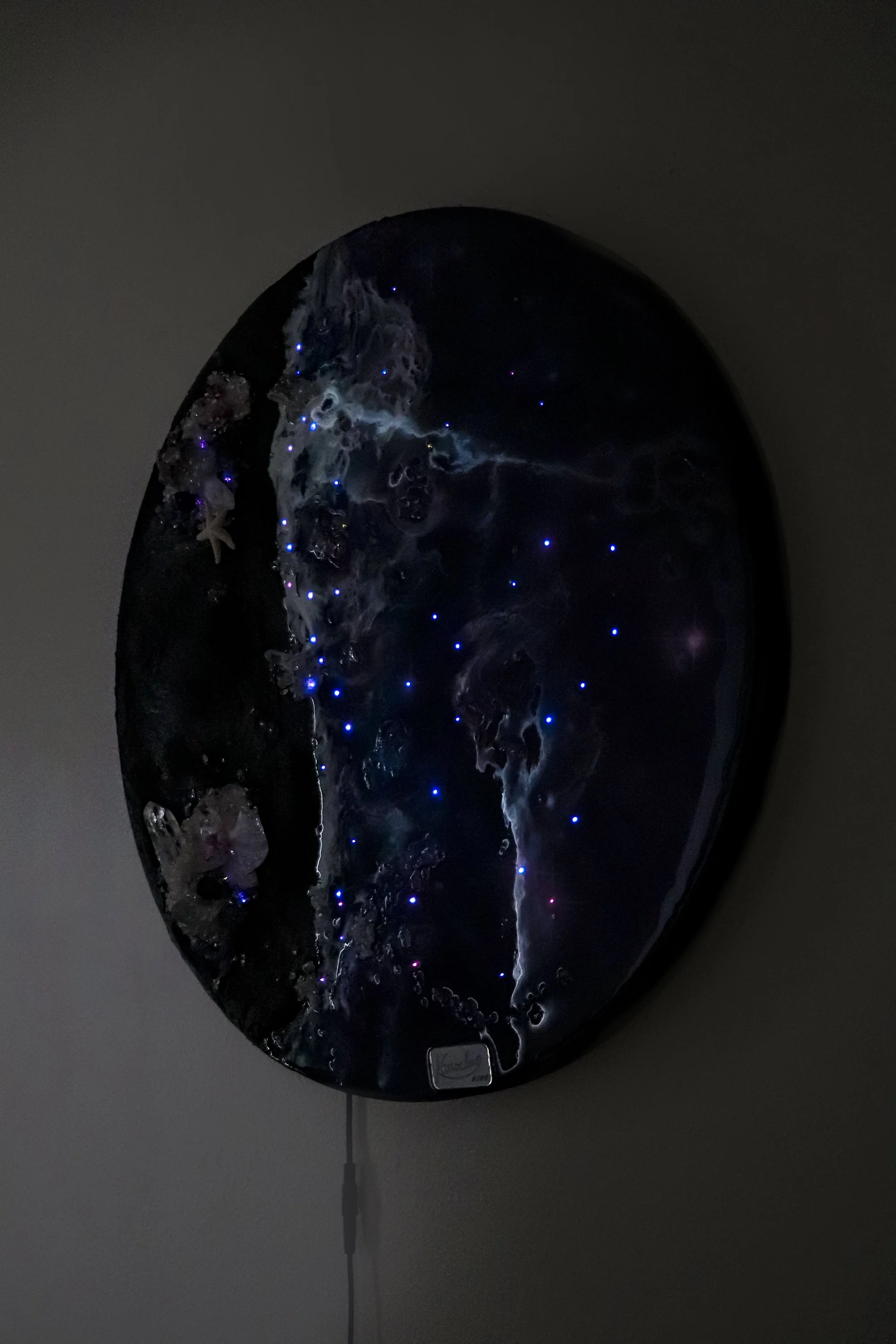 wall hanging circle art painting, abstract art with glowing fiber optic light, crystals and orchid botanical art