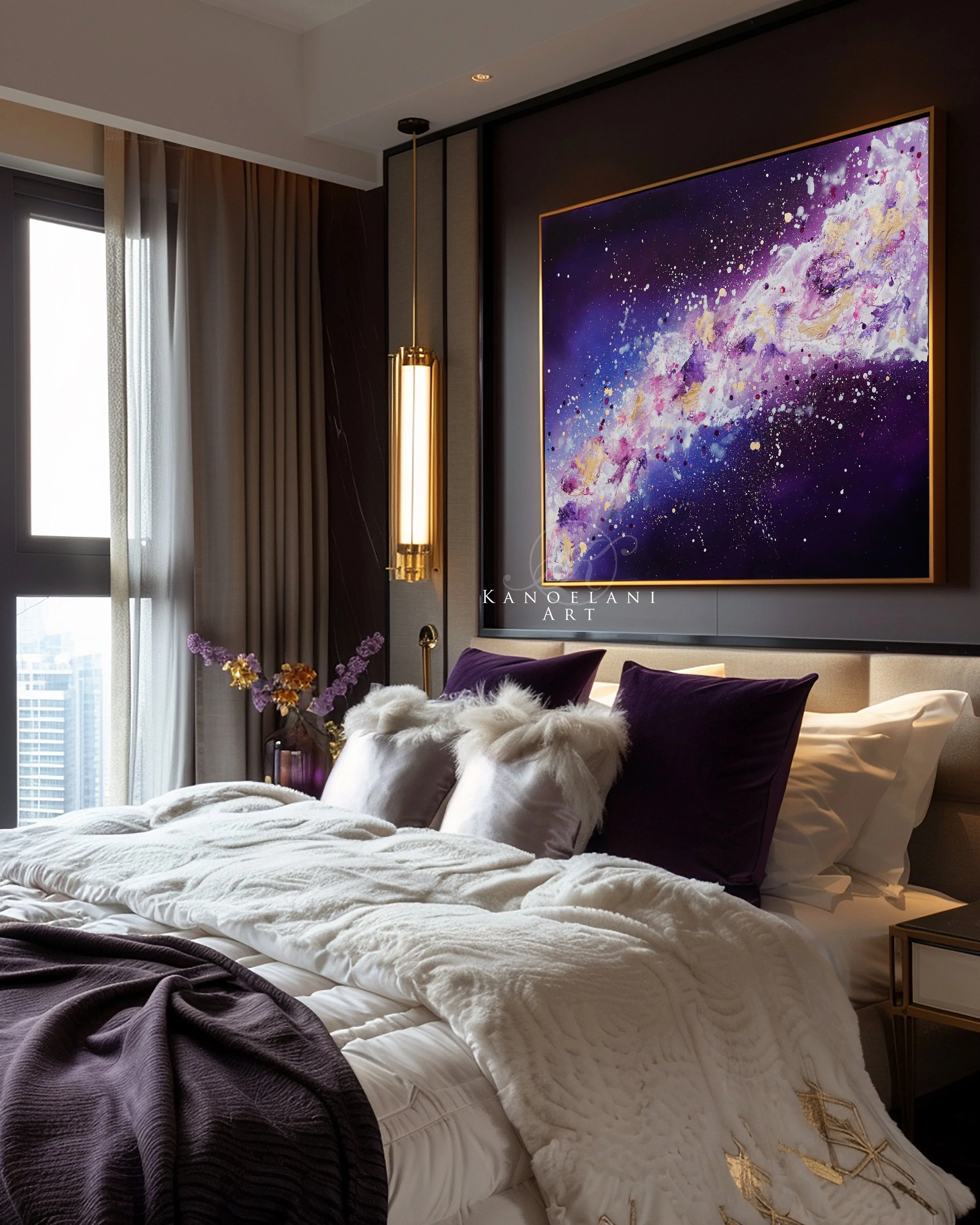 Large purple abstract painting above bed, interior design photo, luxury wall art