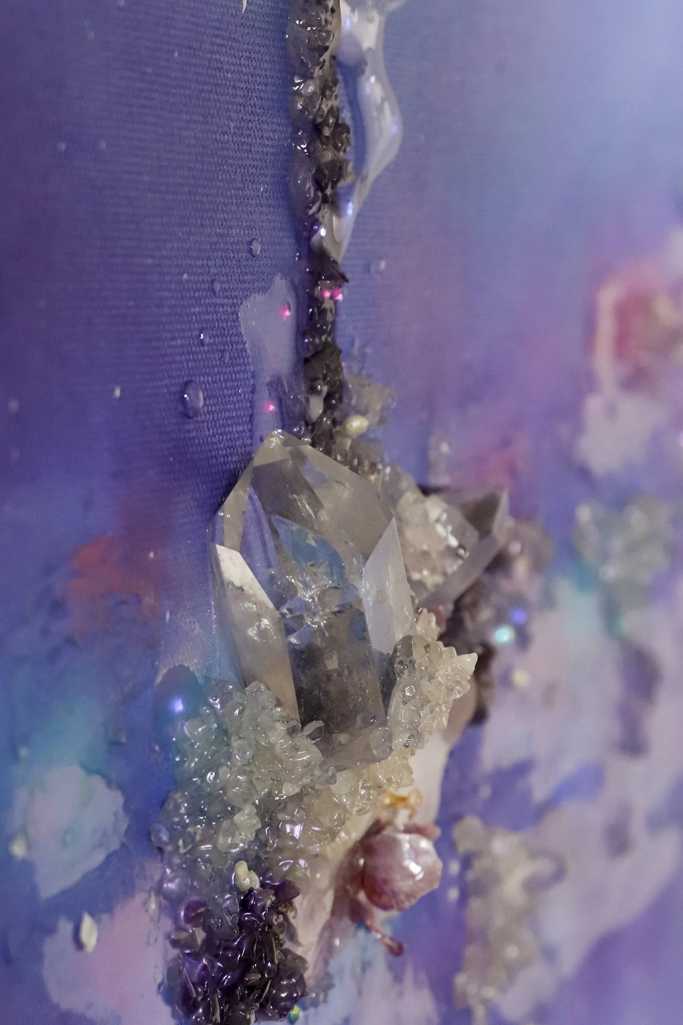 close up detail photo of quartz crystal with preserved orchid flower, purple wall art, luxury art, with subtle glowing  fiber optic lights